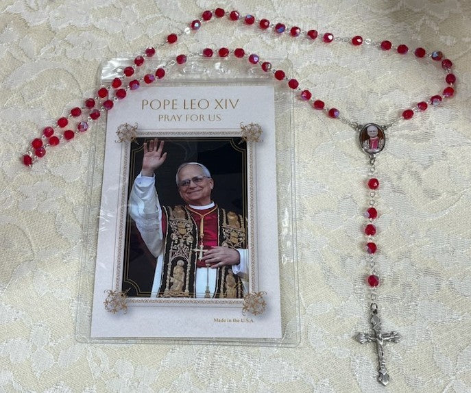 POPE LEO XIV RED PHOTO ROSARY