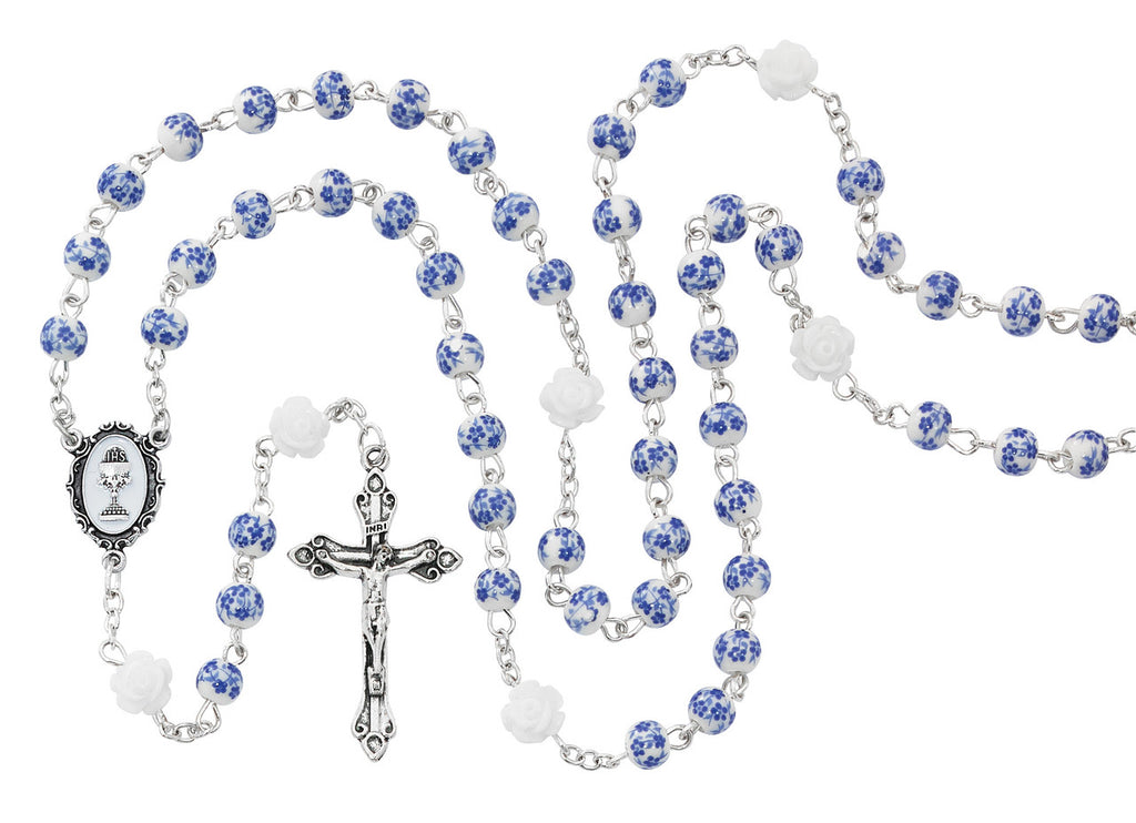 6MM BLUE CERAMIC FLOWER ROSARY