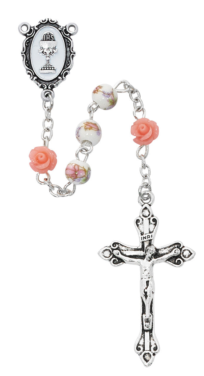 6MM PINK FLOWER BEAD ROSARY