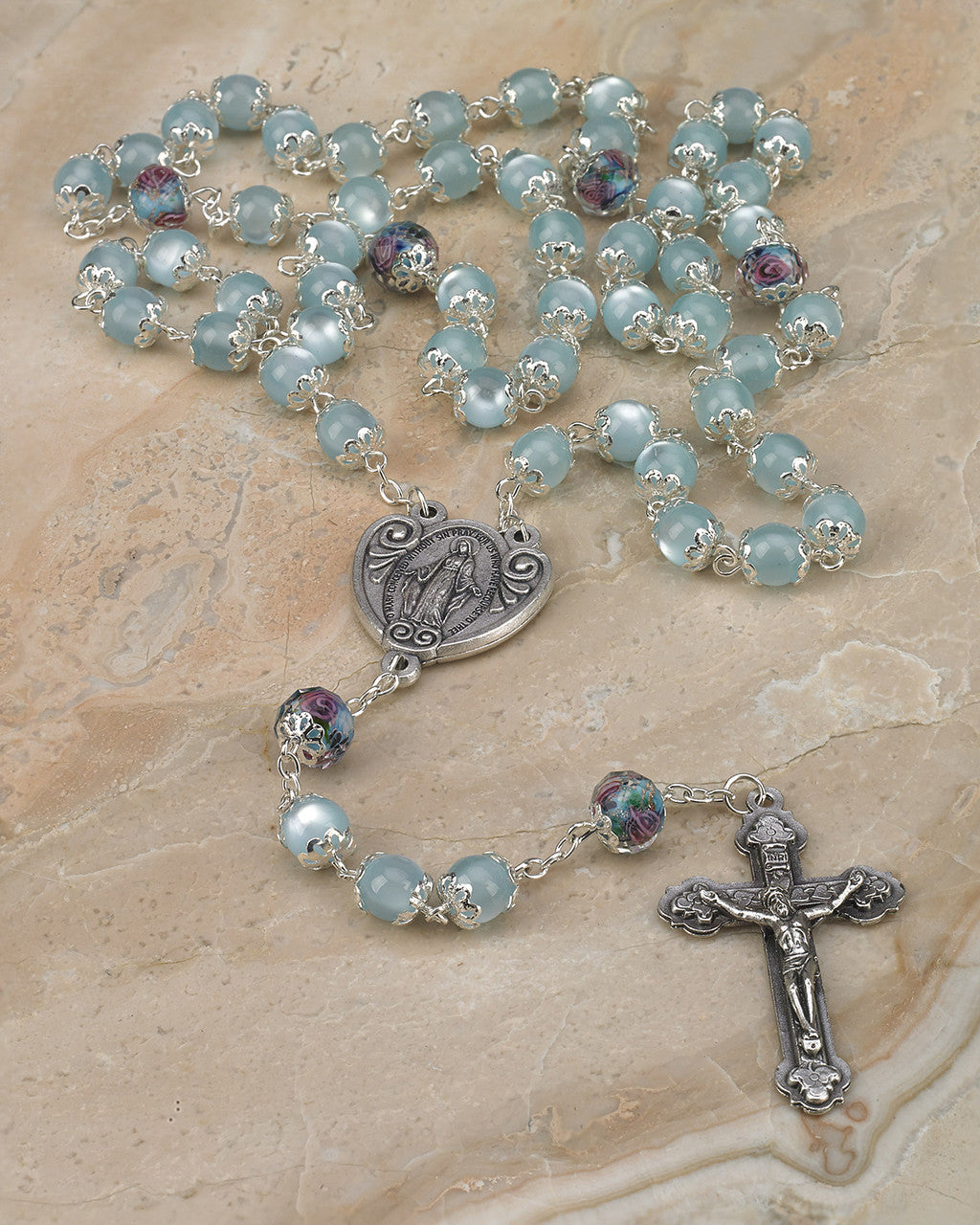 LT BLUE GLASS & CRYSTAL ROSARY