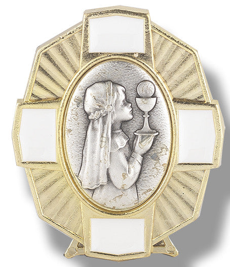 GIRLS PLAQUE 1ST COM WHT ENAM