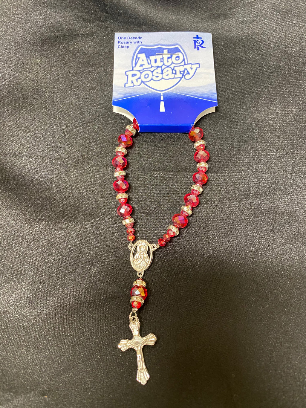 RED CLEAR BEAD AUTO ROSARY