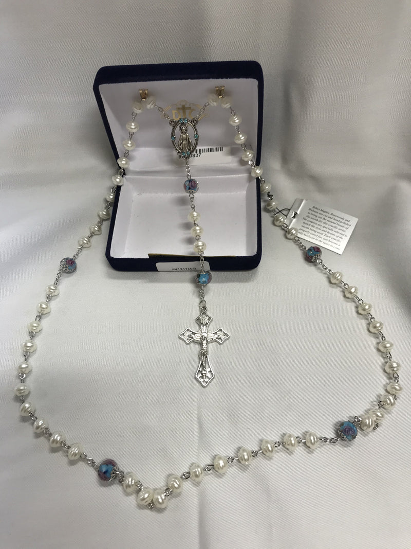 PEARL W/AQUA LAMPWORK ROSARY