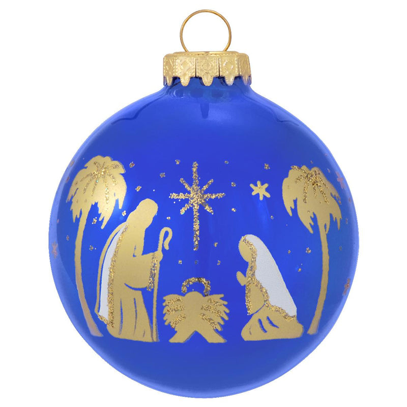 HOLY FAMILY ON BLUE GL ORNAMEN