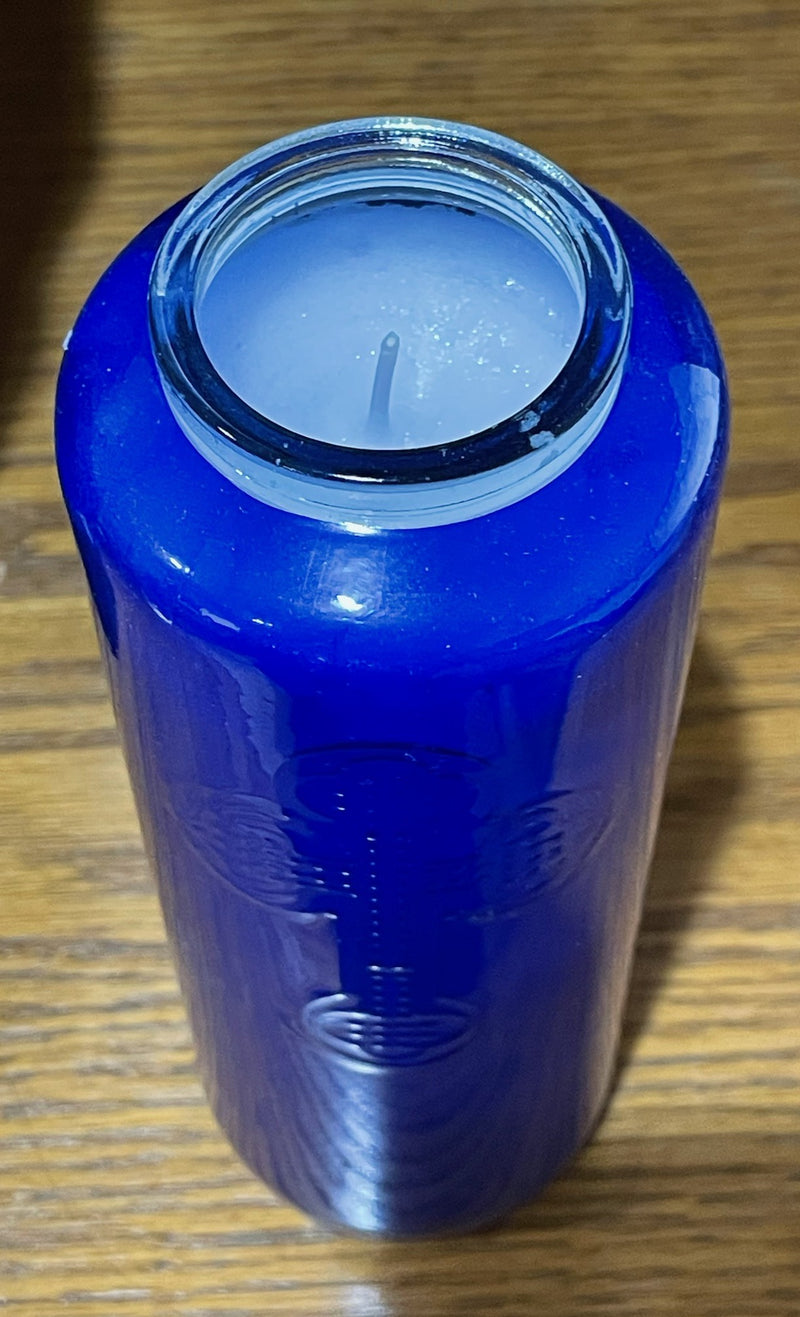 6-DAY BLUE GLASS W/WAX CANDLE