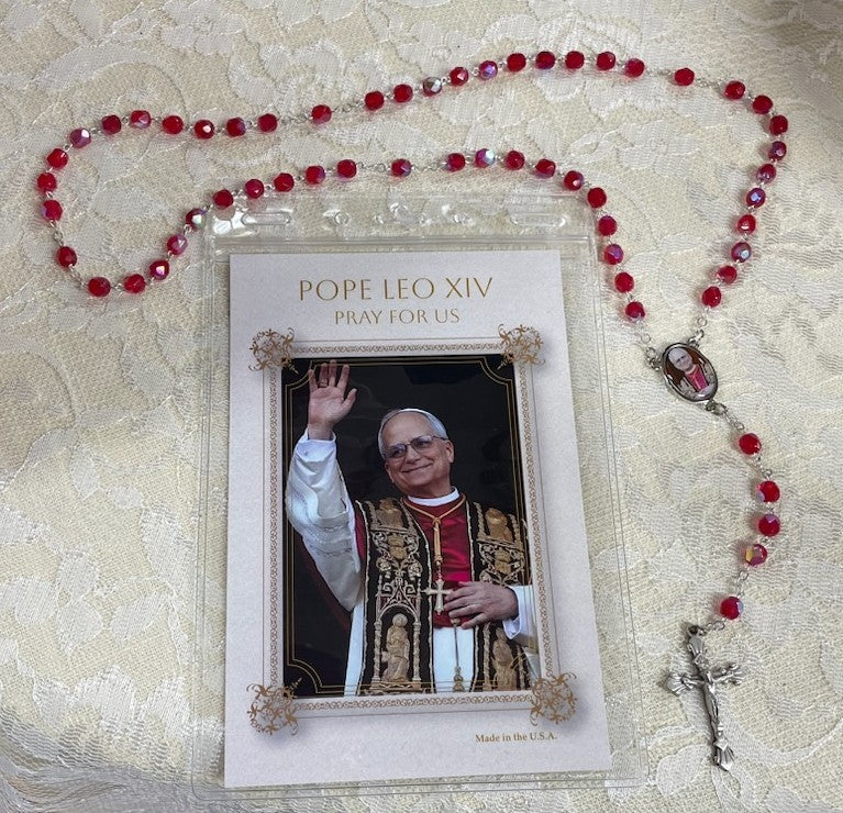 POPE LEO XIV RED PHOTO ROSARY