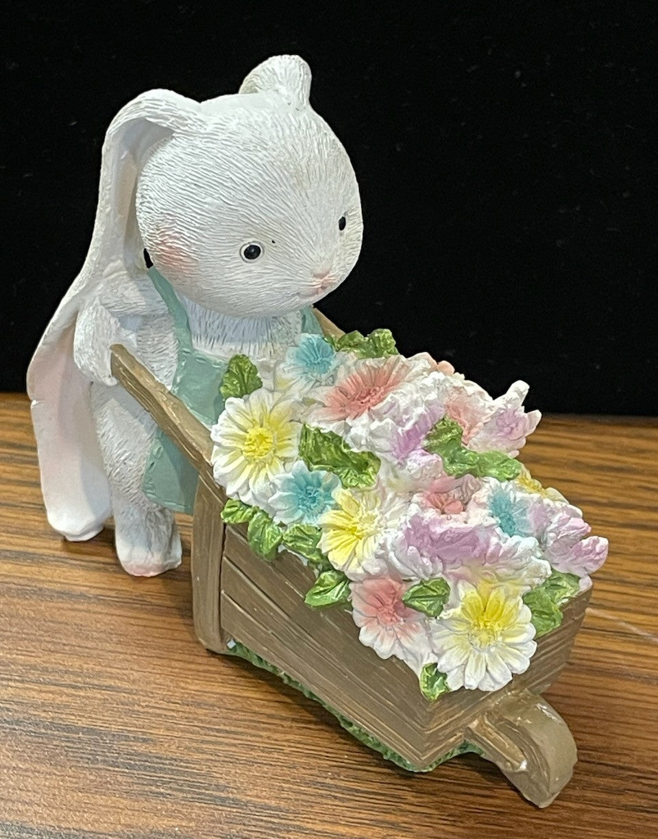BUNNY WITH BLOOMS STATUE BLUE
