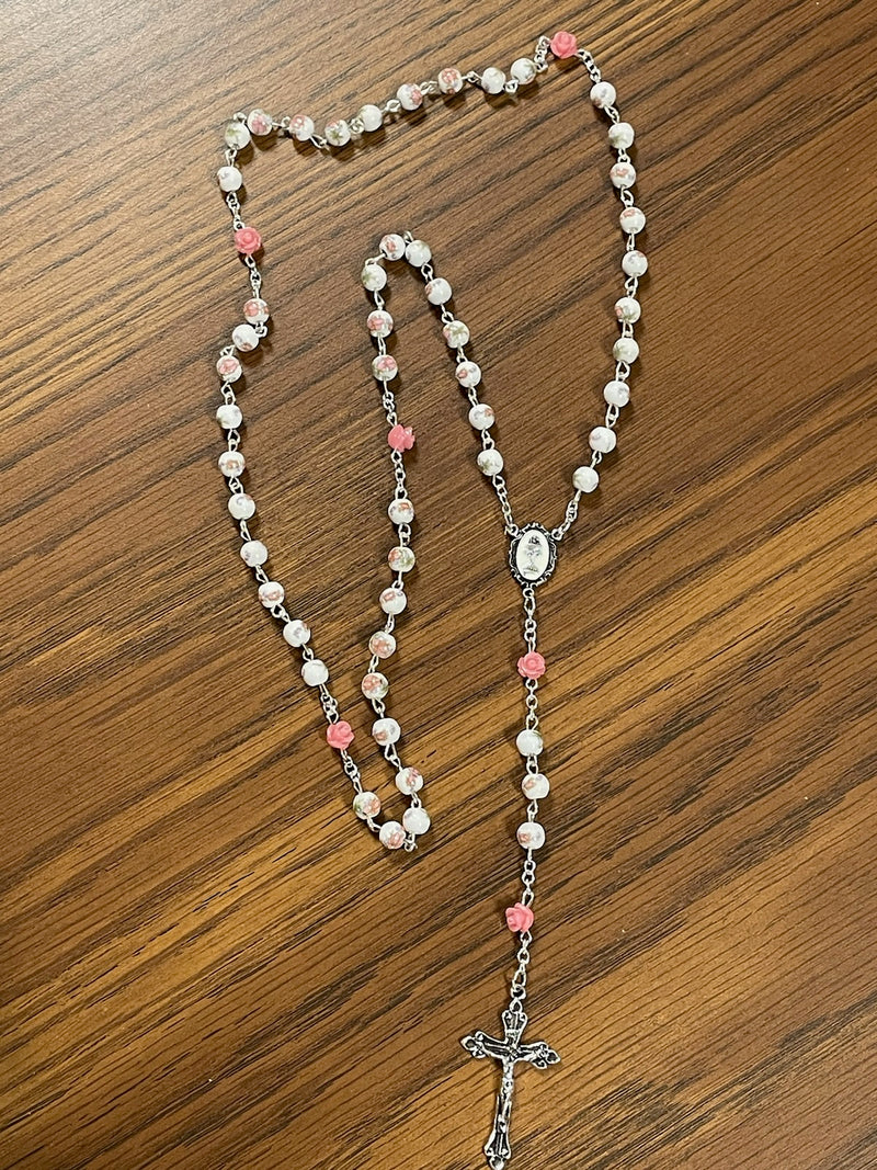 6MM PINK FLOWER BEAD ROSARY
