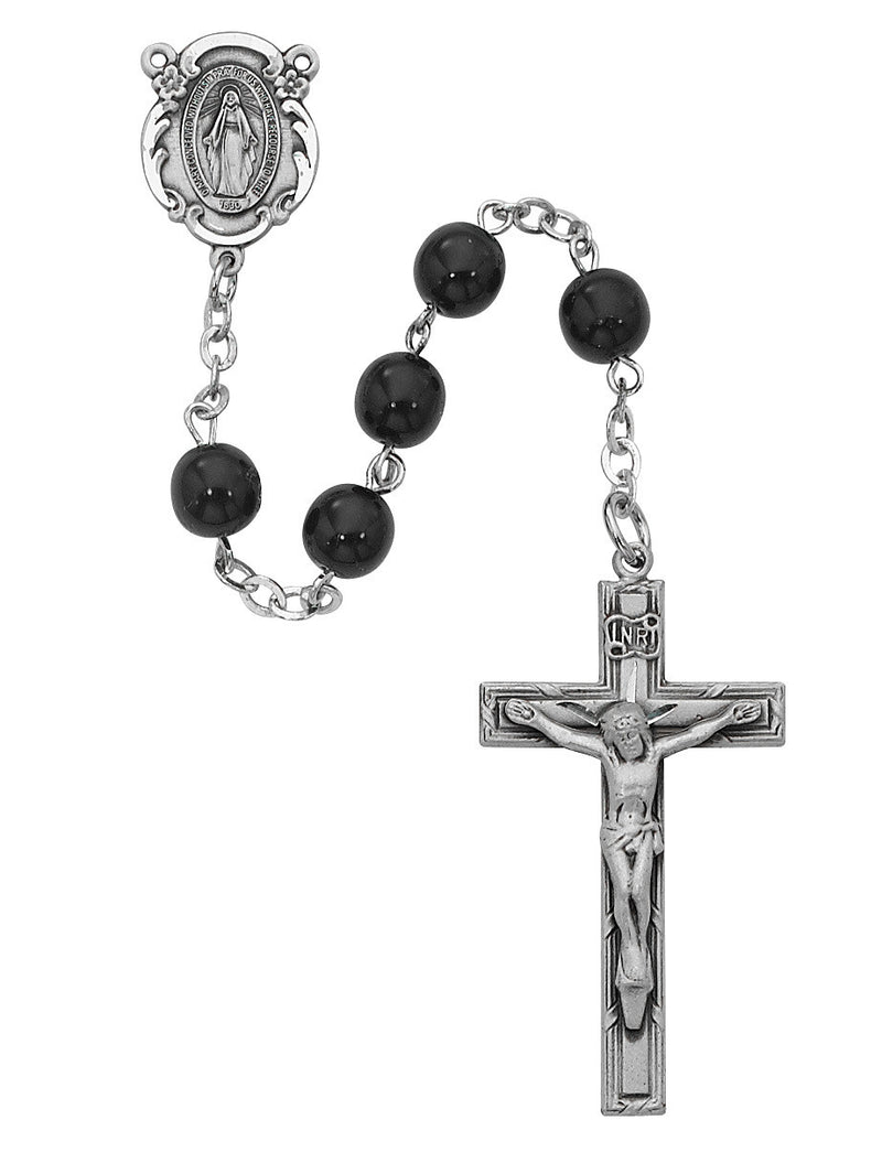 SS BLK GLASS ROSARY 6MM ROUND