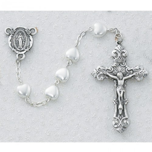 WHITE PEARL HEART ROSARY 8MM