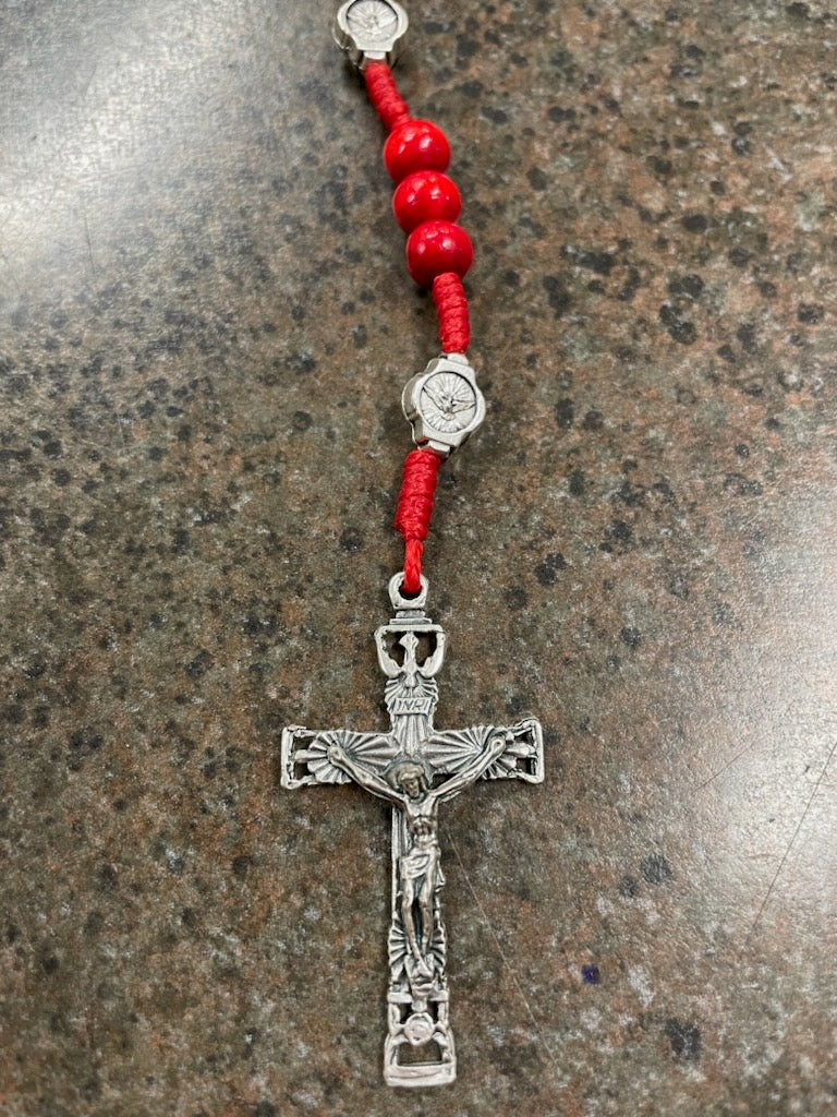 RED WOOD CORDED HOLY SP ROSARY