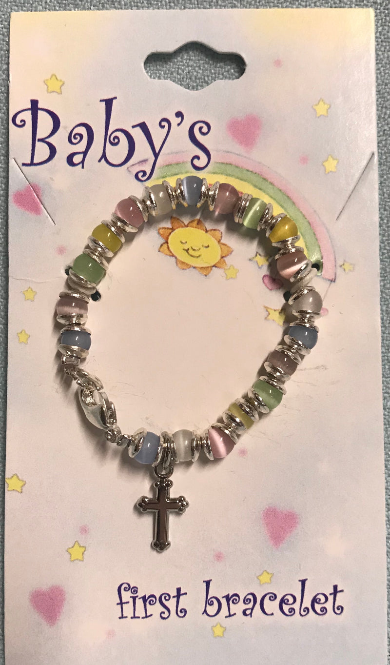 Baby bracelet with multicolored beads and silver cross.