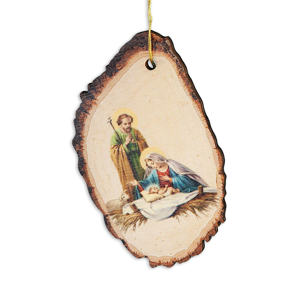WOOD LOG HOLY FAMILY ORNAMENT