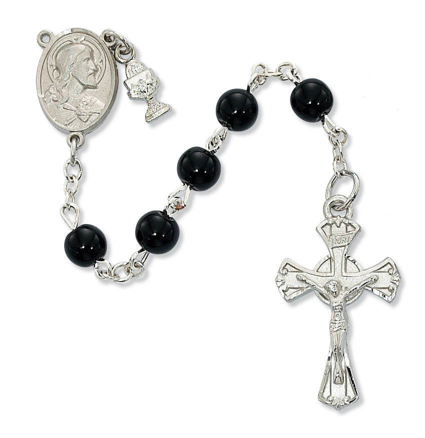 COMM BLACK ROSARY W/CHALICE