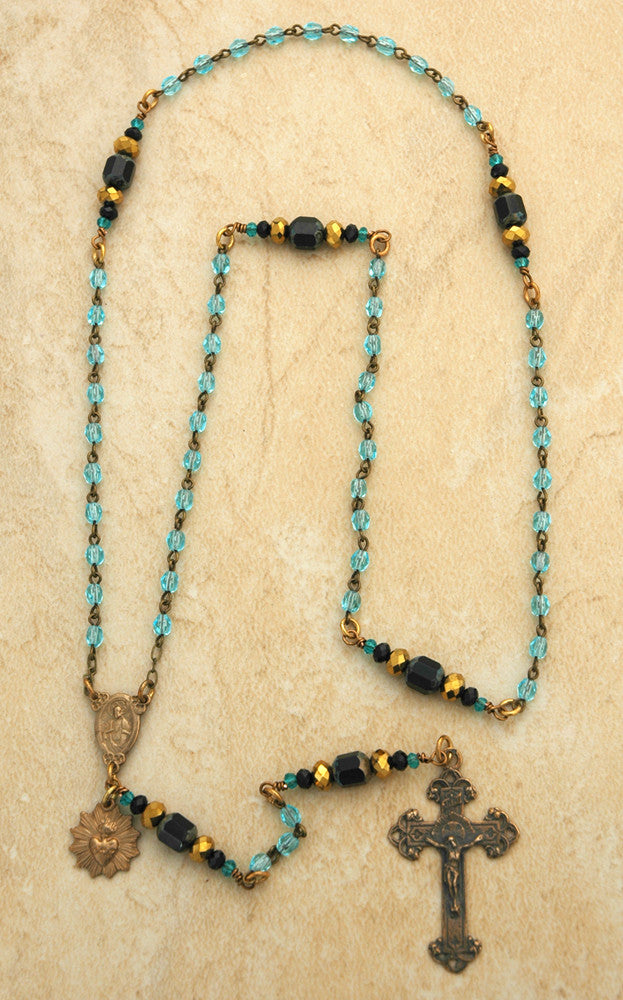 BRONZE ROSARY 4MM AQUA GLASS